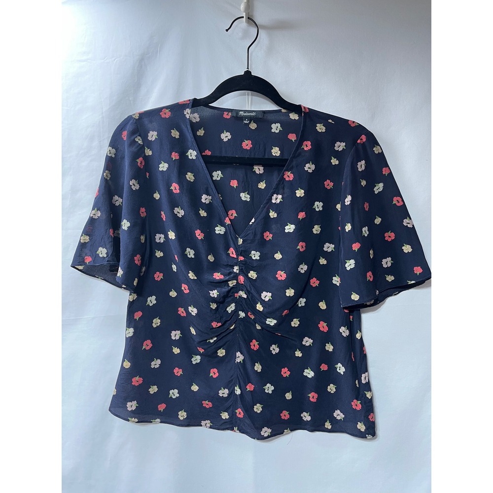 Madewell Navy Floral V-Neck Ruched Front Flutter Sleeve Blouse Top Womens Size 6